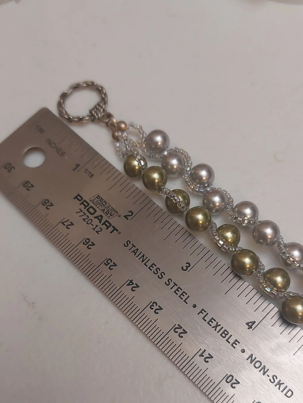 Vintage Artisal Double Strands Gray Green Faux Pearls Beaded Toggle Bracelet